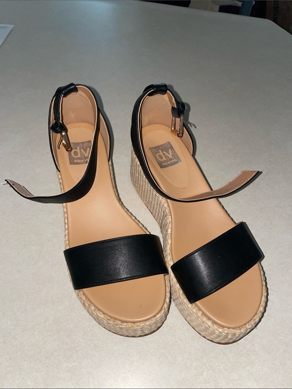 DV by Dolce Vita Black Leather Wedge Espadrille Sandals